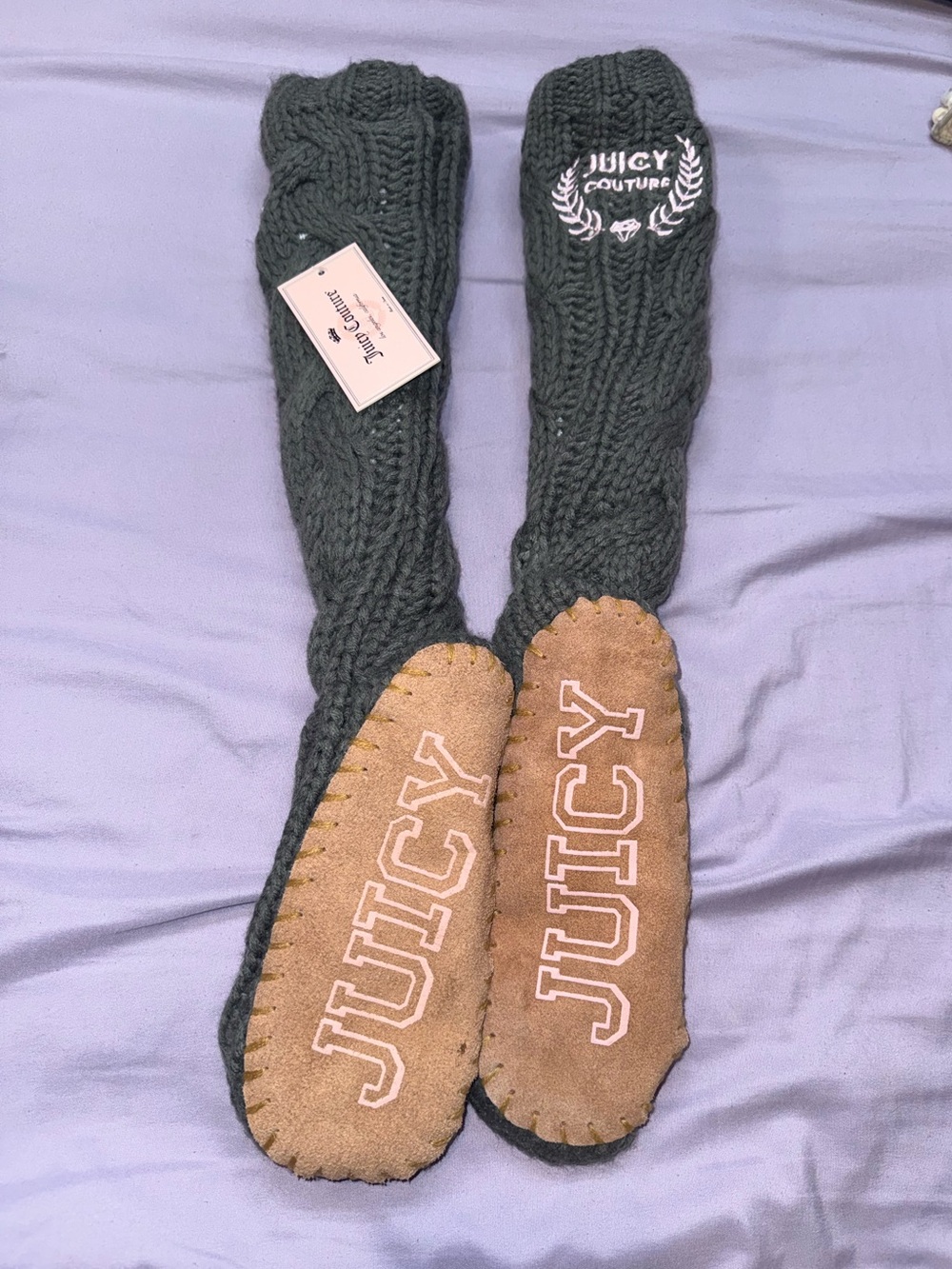 Juicy Couture Womens Cable Knit Knee High Slippers Sock gray Leather Sole